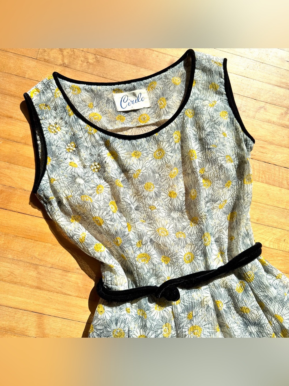 Vintage 1950s Sheer Daisy DRESS Rhinestone Velvet CIRILO Metal Zipper Full Skirt